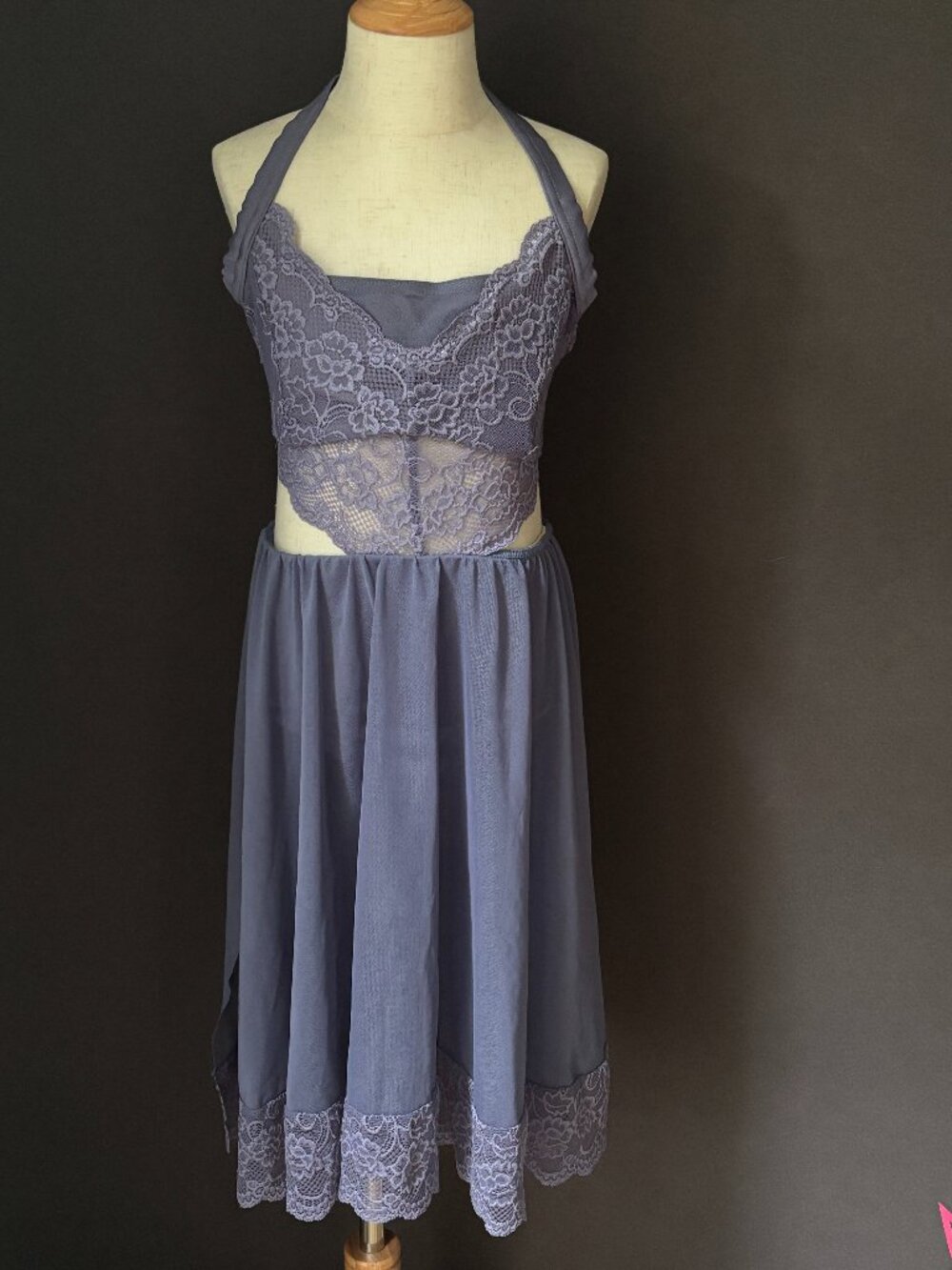 Weissman Blue Gray Floral Lace Halter Open Back Lyrical Costume Dress LC